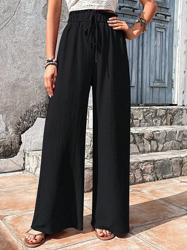 Drawstring Elasticity Solid Color Split-Joint Loose Wide Leg Trousers Pants