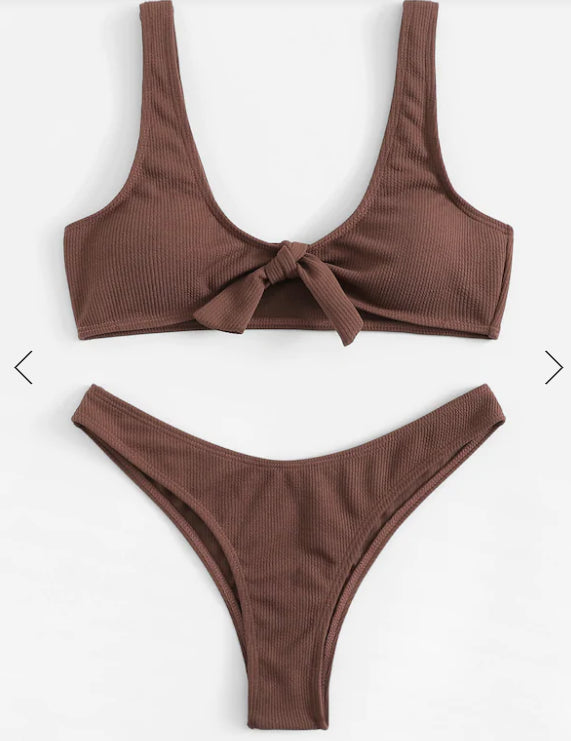 Women Brown Ribbed Knotted Bralette Bikini Set