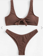 Women Brown Ribbed Knotted Bralette Bikini Set