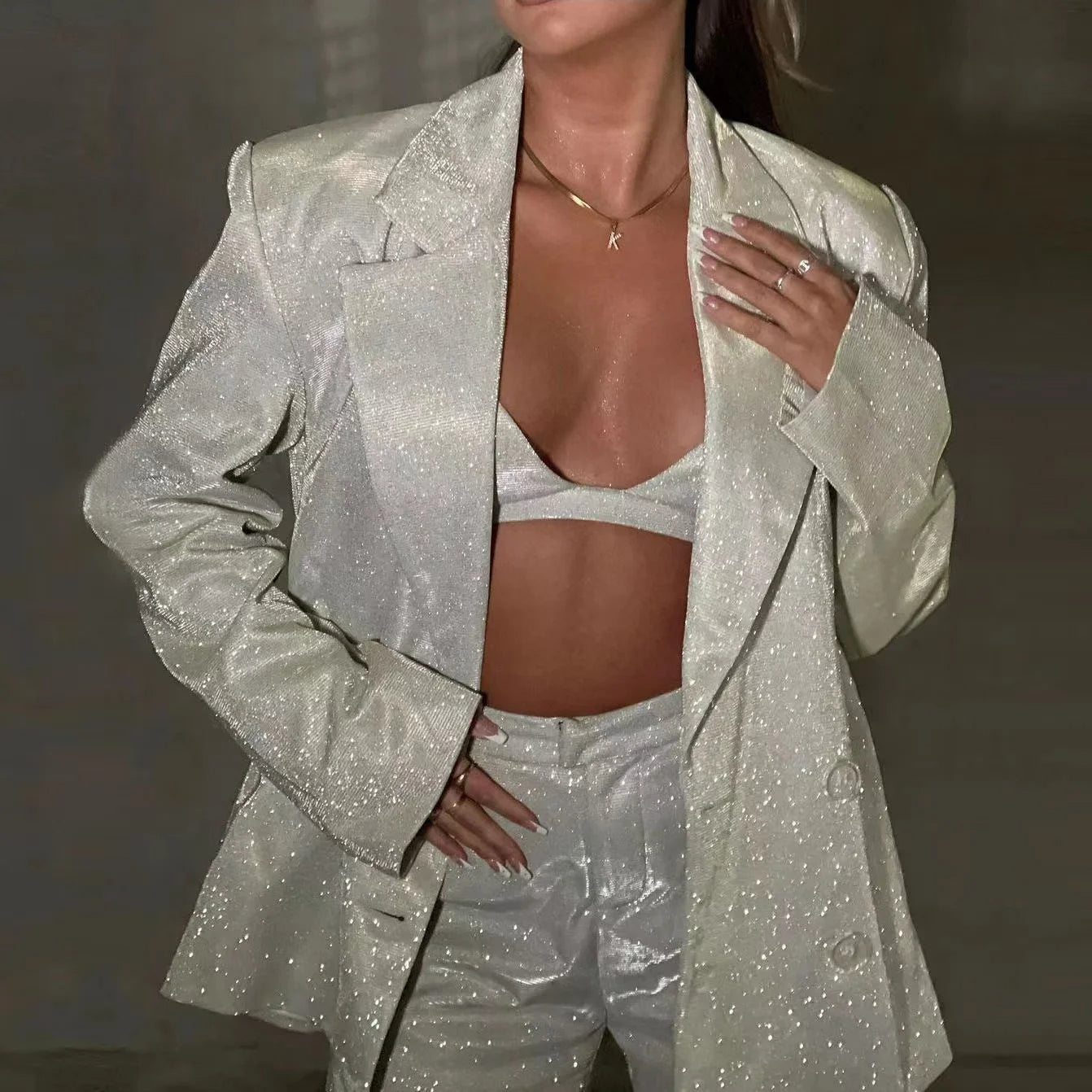 Sparkle Glitter Santorini Blazer, Pants & Top Set - Silver & Gold