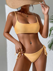 Solid Color Lace-up Split Swimsuit