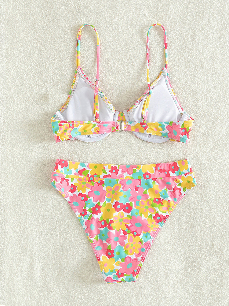 Printed Pleated Steel-supported Bikini Swimsuit