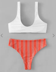 Fashion White Front Knot Striped Bikini Set