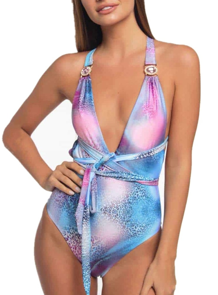 Leopard Print V-neck Crystal Diamond One-piece Swimsuit