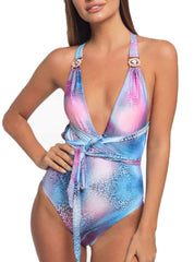 Leopard Print V-neck Crystal Diamond One-piece Swimsuit