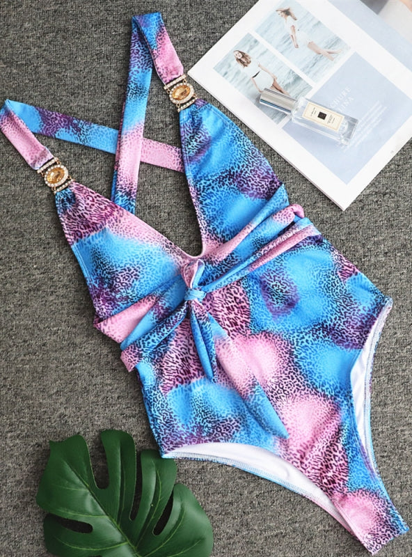 Leopard Print V-neck Crystal Diamond One-piece Swimsuit