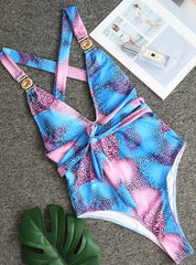 Leopard Print V-neck Crystal Diamond One-piece Swimsuit