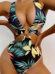Deep V-neck Metal Strap High Waist Swimsuit