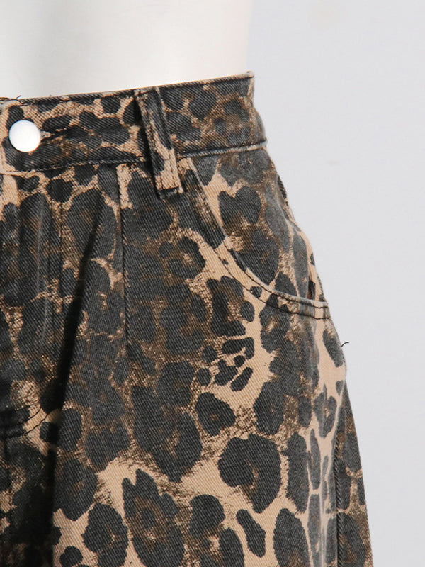 Leopard Printed Ripped Split-Joint High Waisted Loose Jean Pants Bottoms