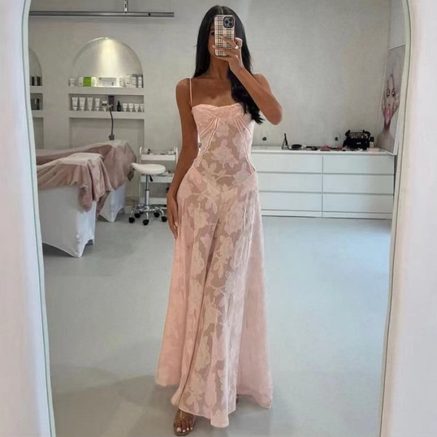 SEREN - SOFT PINK FLORAL LACE BACK MAXI DRESS