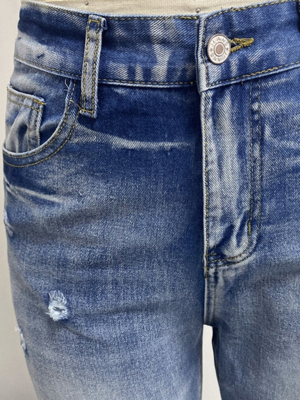 Fringed Gradient Split-Joint Straight Leg Jean Pants Bottoms