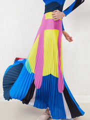 Contrast Color Pleated A-line Loose Skirts Bottoms