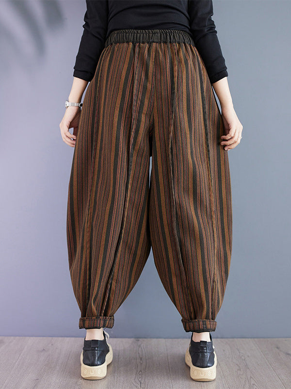 Drawstring Elasticity Split-Joint Striped Harem Pants High Waisted Trousers Pants