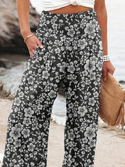 Elasticity Flower Print Pleated Pockets High Waisted Loose Trousers Pants