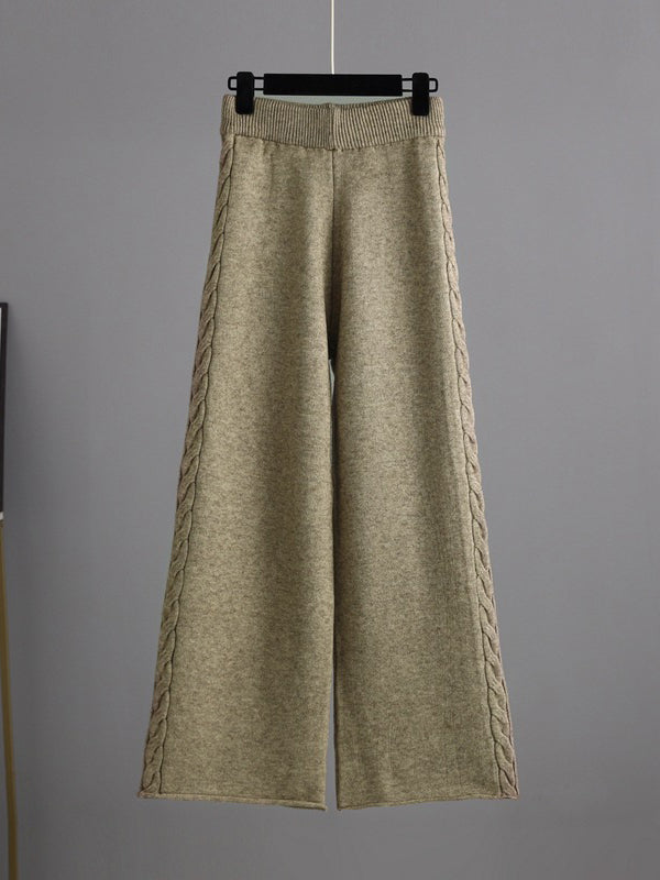 Urban Loose Solid Color V-Neck Sweater Tops& Wide Leg  Pants Suits