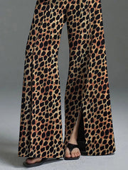 Leopard Split-Front Loose Wide Leg Trousers Casual Pants Bottoms