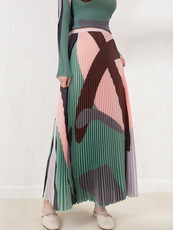 Contrast Color Pleated A-line Loose Skirts Bottoms