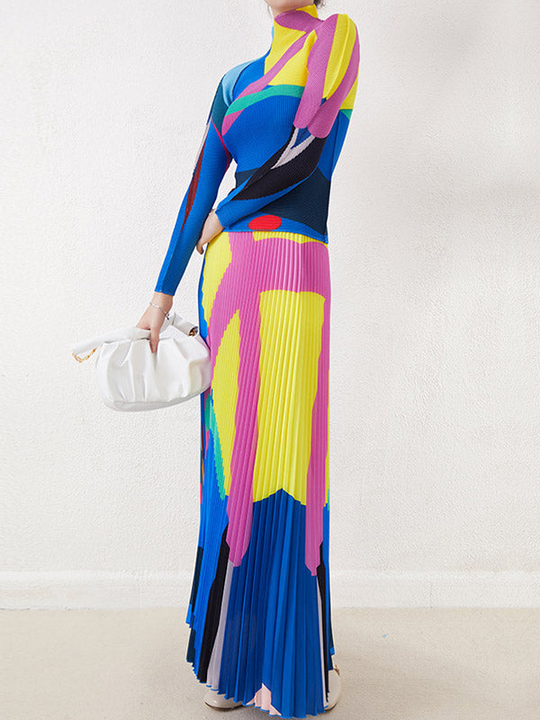 Contrast Color Pleated A-line Loose Skirts Bottoms