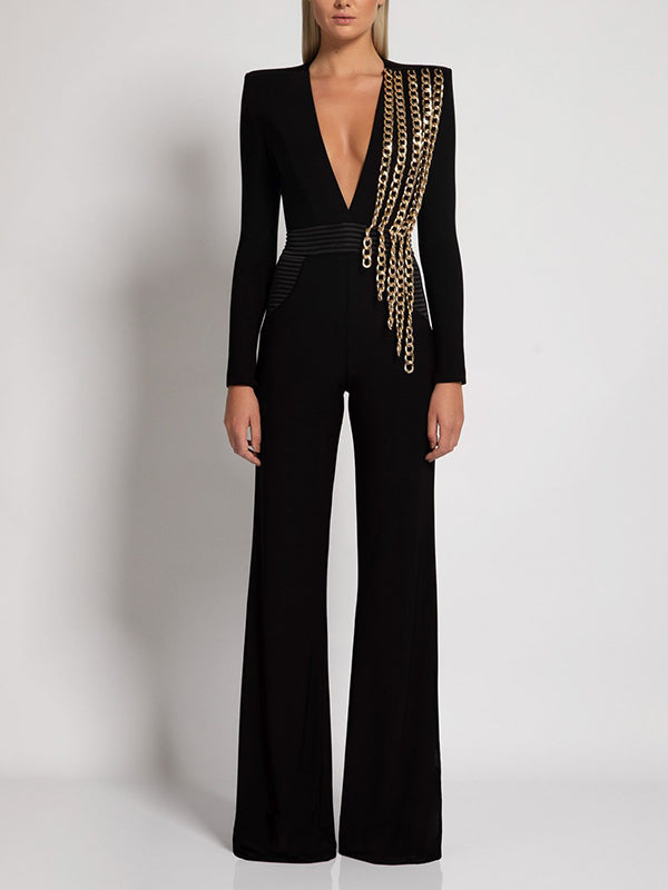 Stylish Deep V-Neck Long Sleeve Chains Empire Wide Leg Jumpsuits