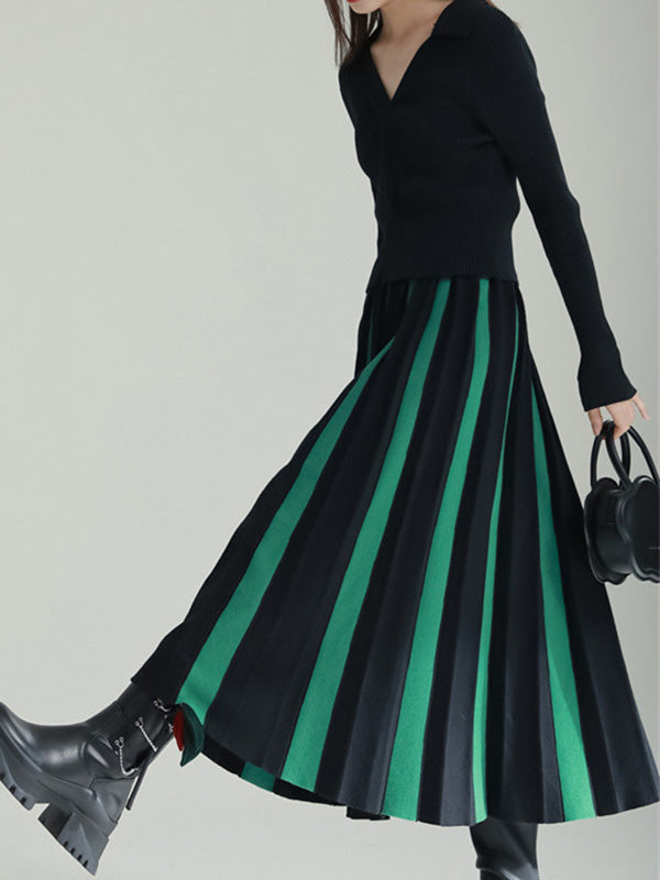 Contrast Color Pleated A-Line Loose Skirts Bottoms