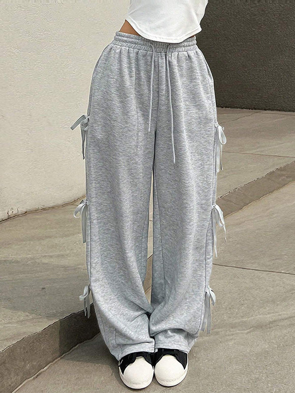 Drawstring Elasticity Solid Color Split-Joint High Waisted Loose Trousers Pants