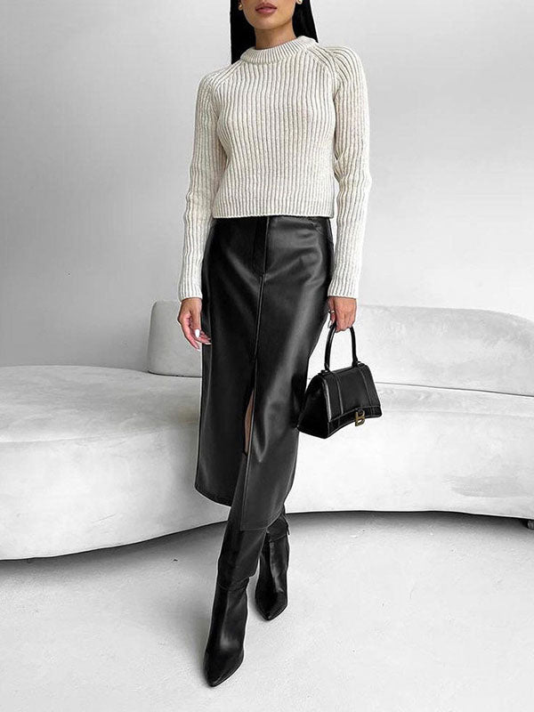Pockets Solid Color Split-Front Zipper Skinny Wrap Skirts Bottoms