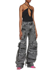 Pleated Pockets Split-Joint Streamer Loose Jean Pants Bottoms