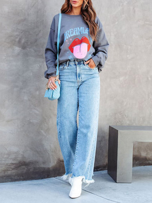 Fringed Split-Joint High Waisted Straight Leg Jean Pants Bottoms