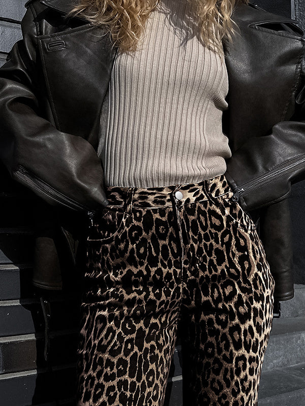 Buttoned Leopard Pockets Split-Joint Loose Trousers Pants