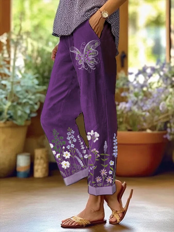 Women's Purple Flower And Butterfly  Casual Pants