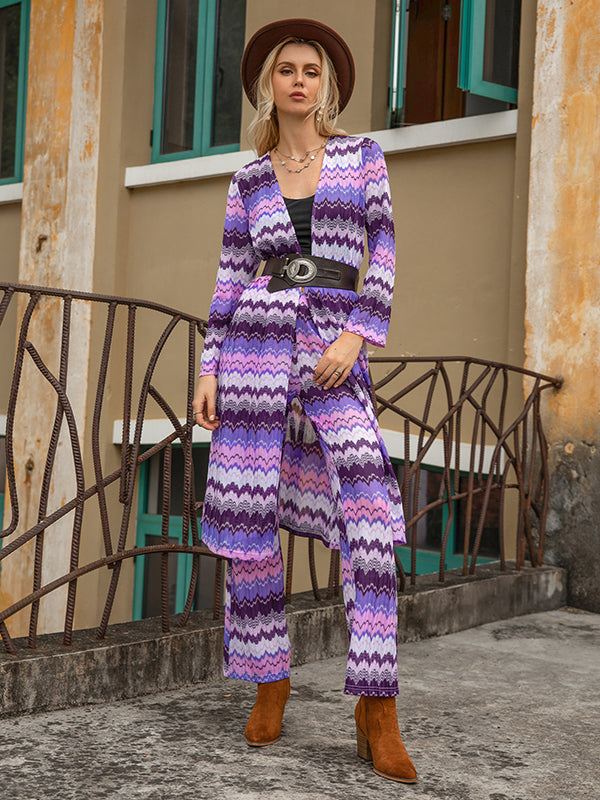 Vacation Loose Long Sleeves Plain Striped Two Pieces Set