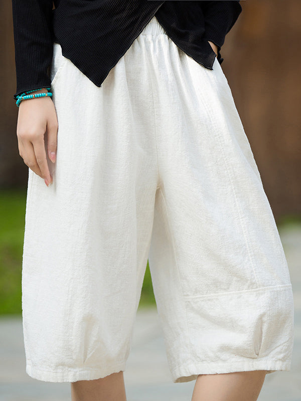 Artistic Retro Loose Ramie Cotton Solid Color Elasticity Shorts