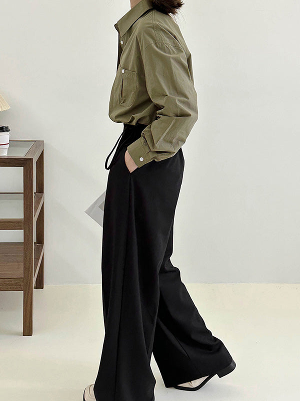 Lace-Up Pleated Solid Color Split-Joint High Waisted Loose Trousers Suit Pants