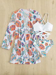 Three Piece Chiffon Floral Smock Bikini Swimsuit