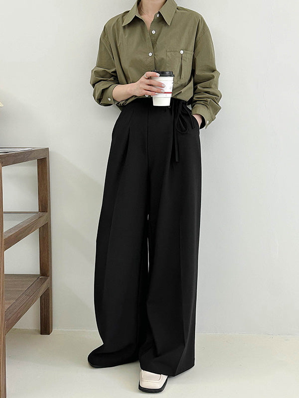 Lace-Up Pleated Solid Color Split-Joint High Waisted Loose Trousers Suit Pants