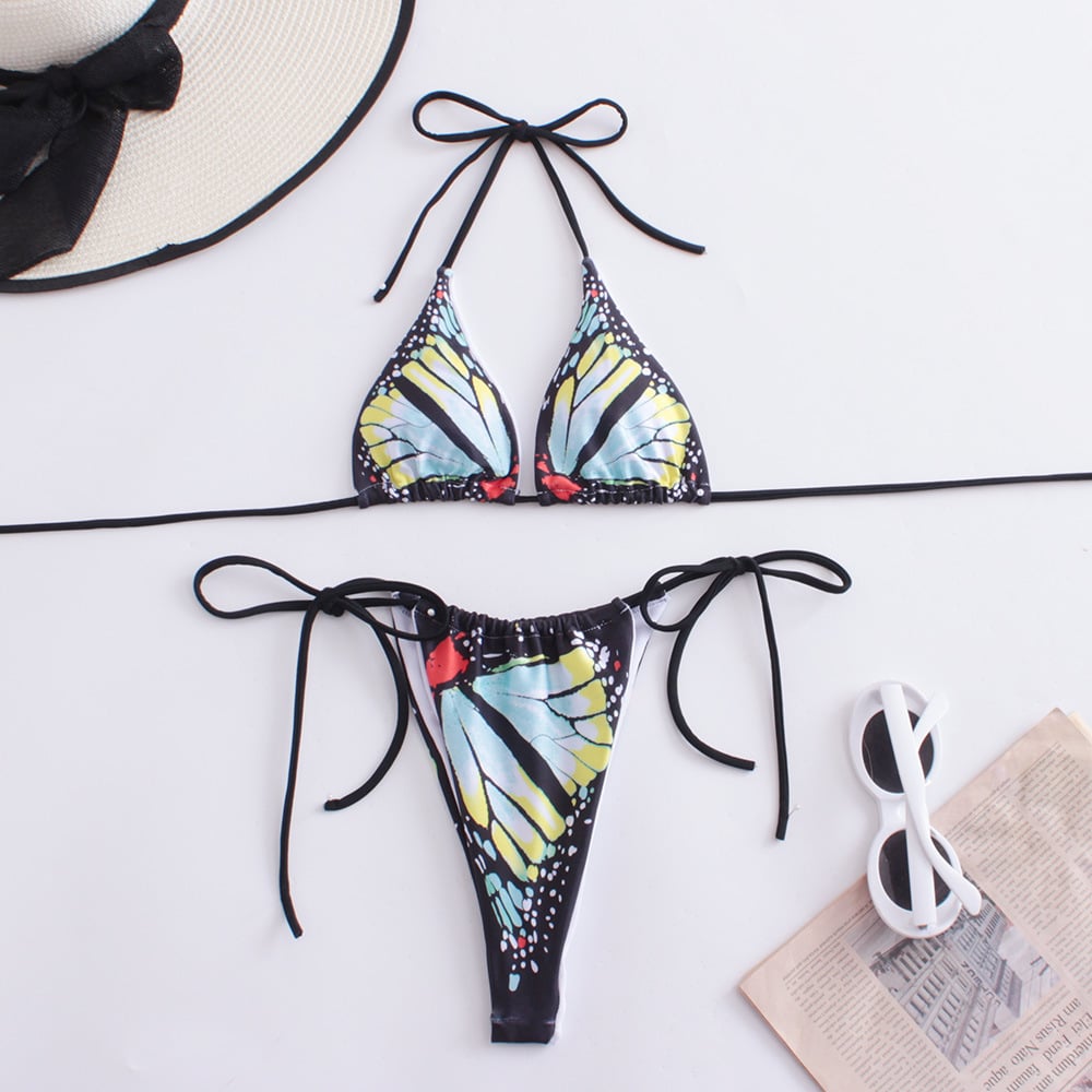 Sexy strappy butterfly print bikini