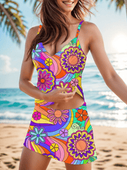 Women's V-Neck Retro Hippie Print Sundress Split Swimsuit Skirt Suit Swimsuit