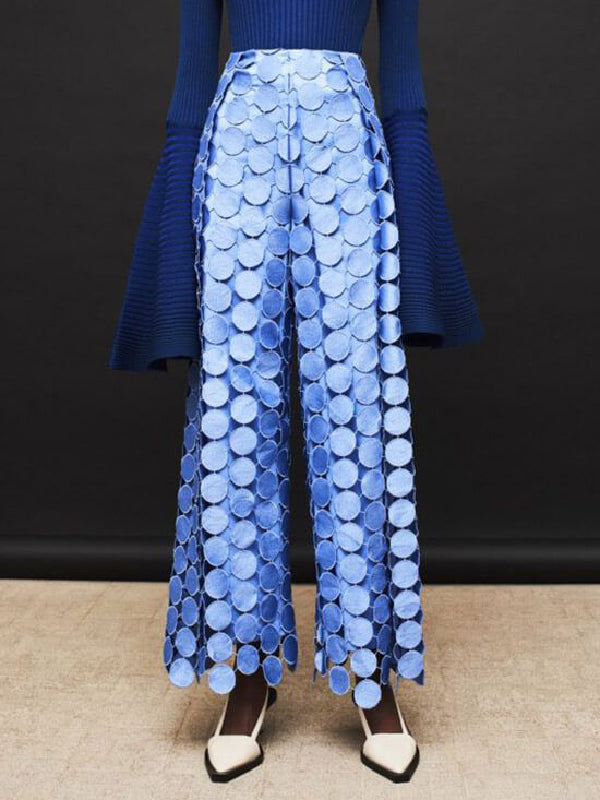 High Waisted Wide Leg Hollow Polka Dot Solid Color Pants Trousers