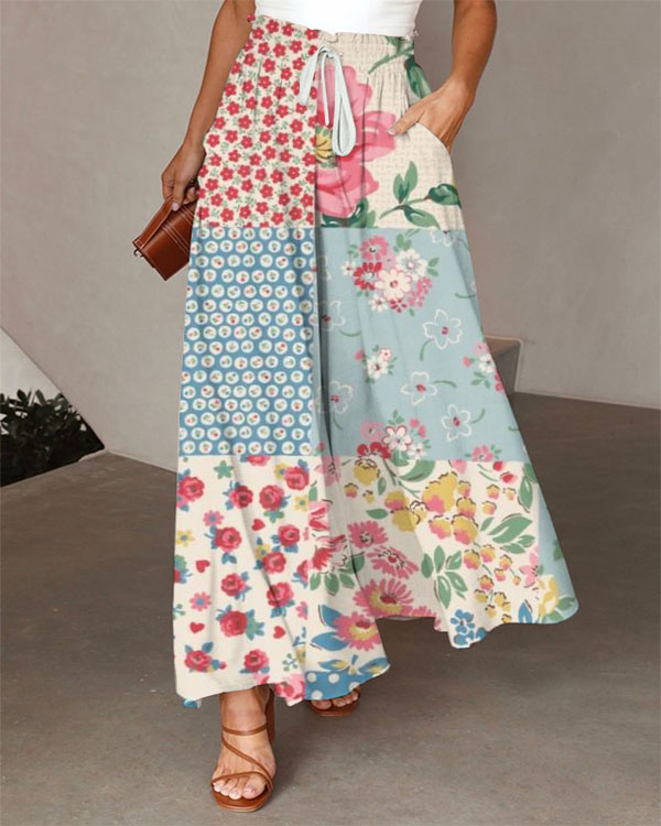 Casual Loose Lace-up Elastic Waist Floral Pants