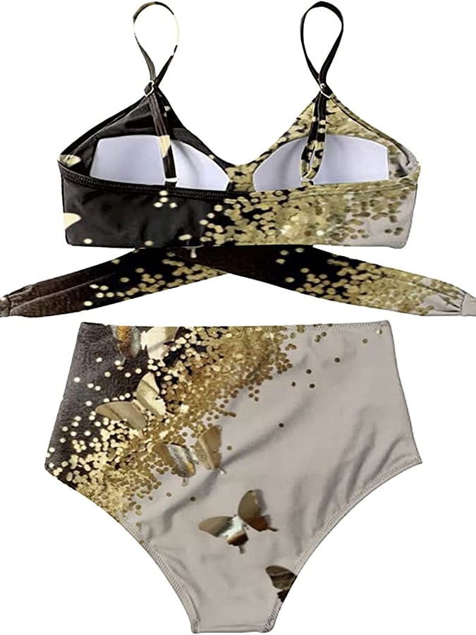 Gold Butterfly Crossover High Waist Two-Piece Swimsuit Bikini