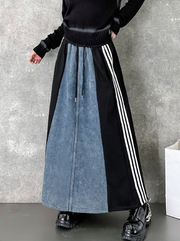 Contrast Color Drawstring Split-Joint Striped A-Line Loose Skirts Bottoms