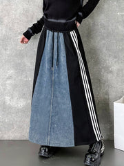Contrast Color Drawstring Split-Joint Striped A-Line Loose Skirts Bottoms