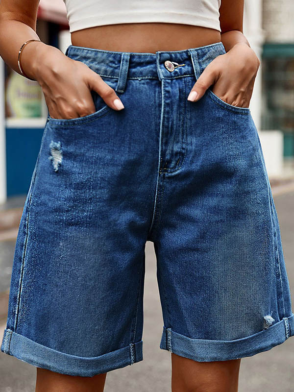 Buttoned Pockets High Waisted Loose Shorts Bottoms Jean Pants Bottoms
