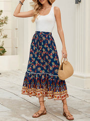 Elasticity Flower Print Pleated Split-Joint Loose Skirts Bottoms