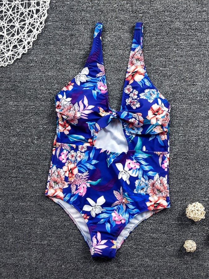 European And American Style Print Knotted Sexy One-Piece Swimsuit