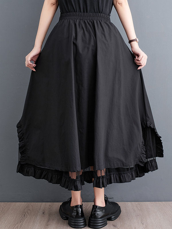 Elastics Gauze Solid Color Split-Joint Loose Skirts Bottoms