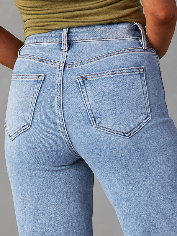 Fringed Split-Joint High Waisted Straight Leg Jean Pants Bottoms