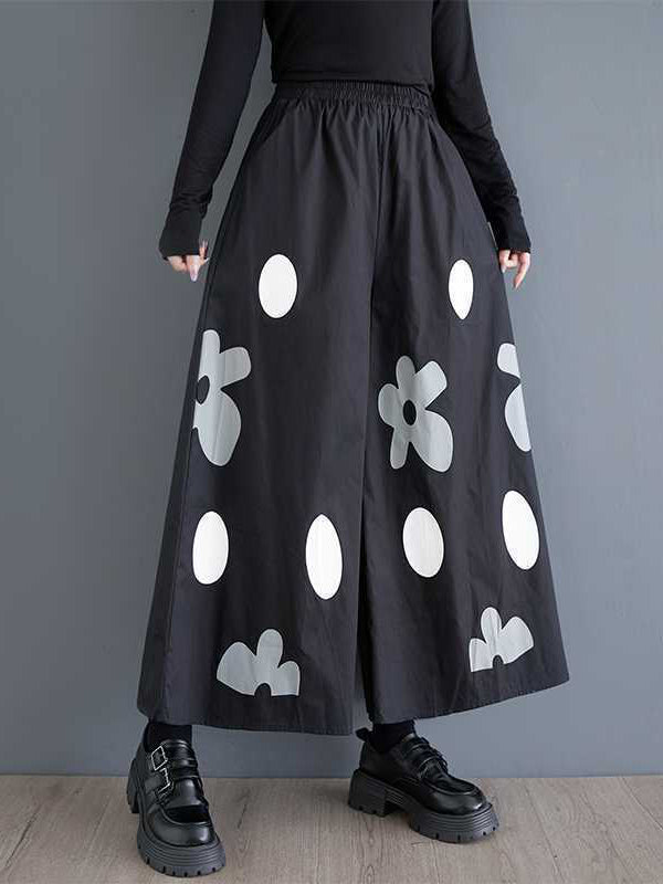 Elasticity Flower Print Pockets Loose Wide Leg Pants Culotte