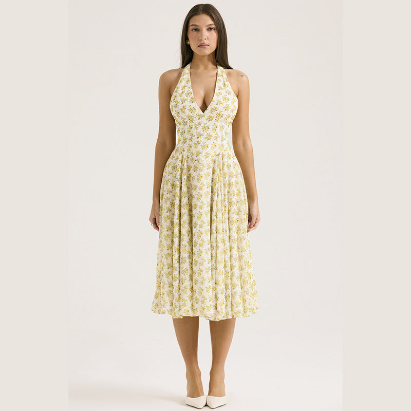 Bella Yellow Floral Halter Midi Dress