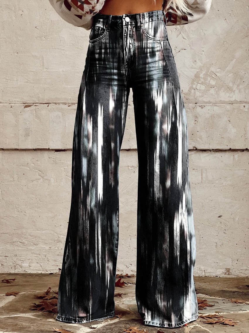 Women's Black and White Print Casual Wide Leg Pants